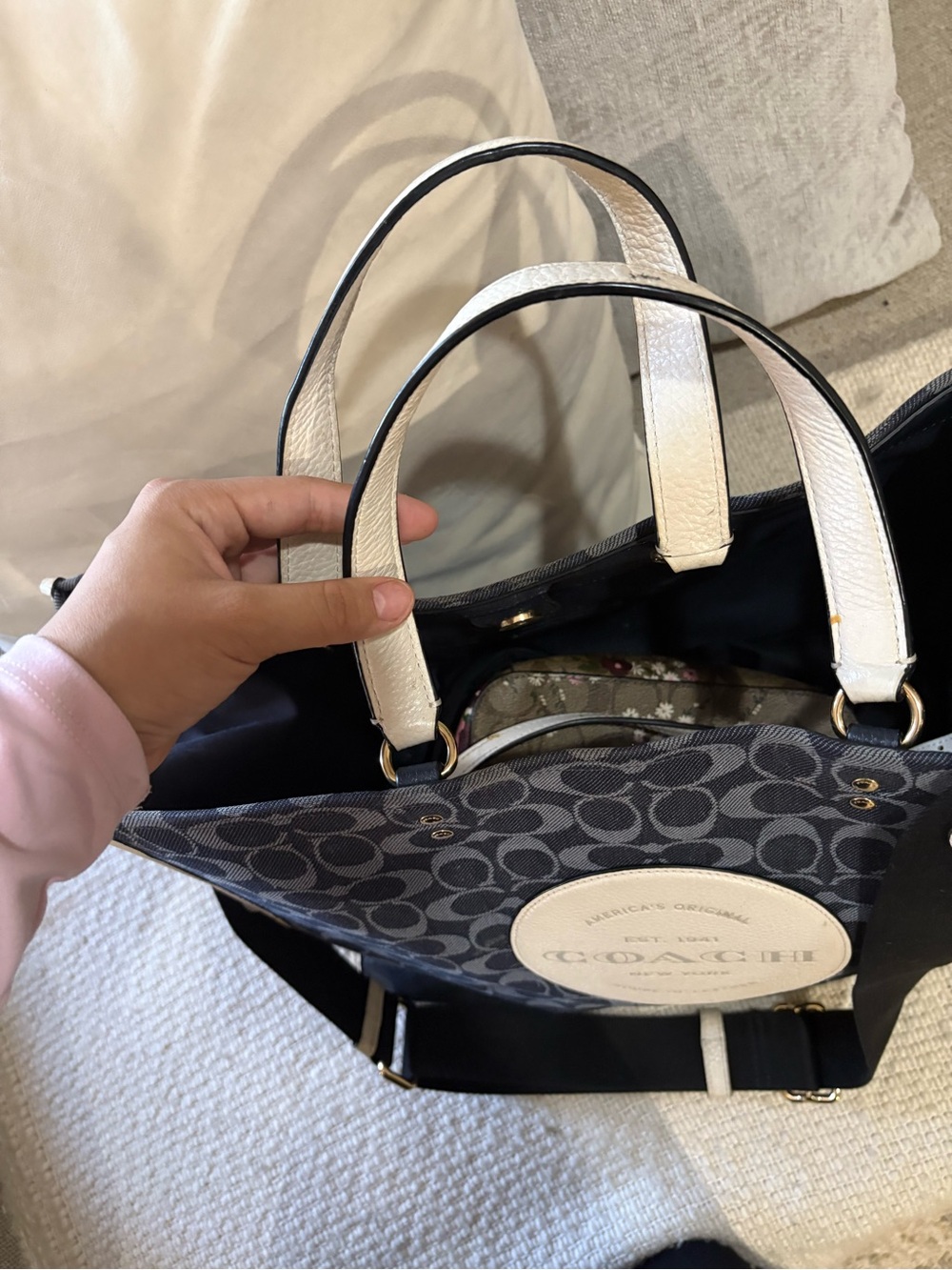 COACH Navy Signature Canvas Tote with Cream Trim and Black Strap - Picture 5 of 12